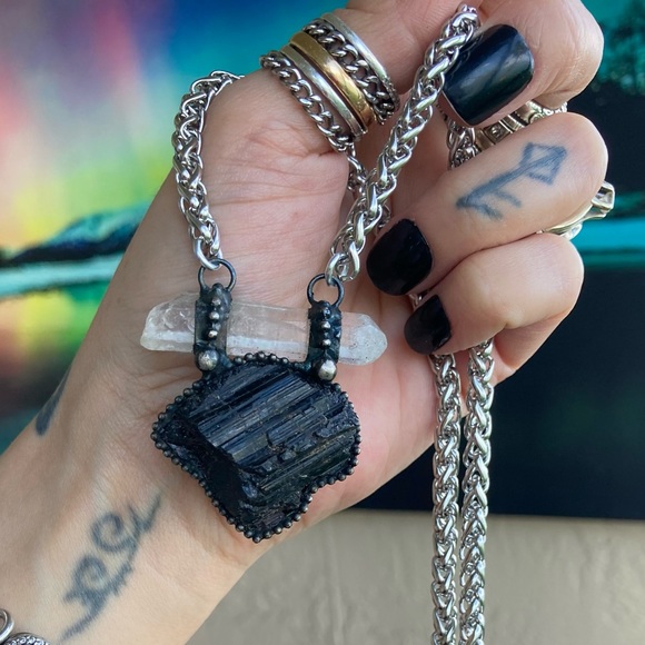 Natural black tourmaline & crystal quartz charm boho goth necklace . - Picture 9 of 14